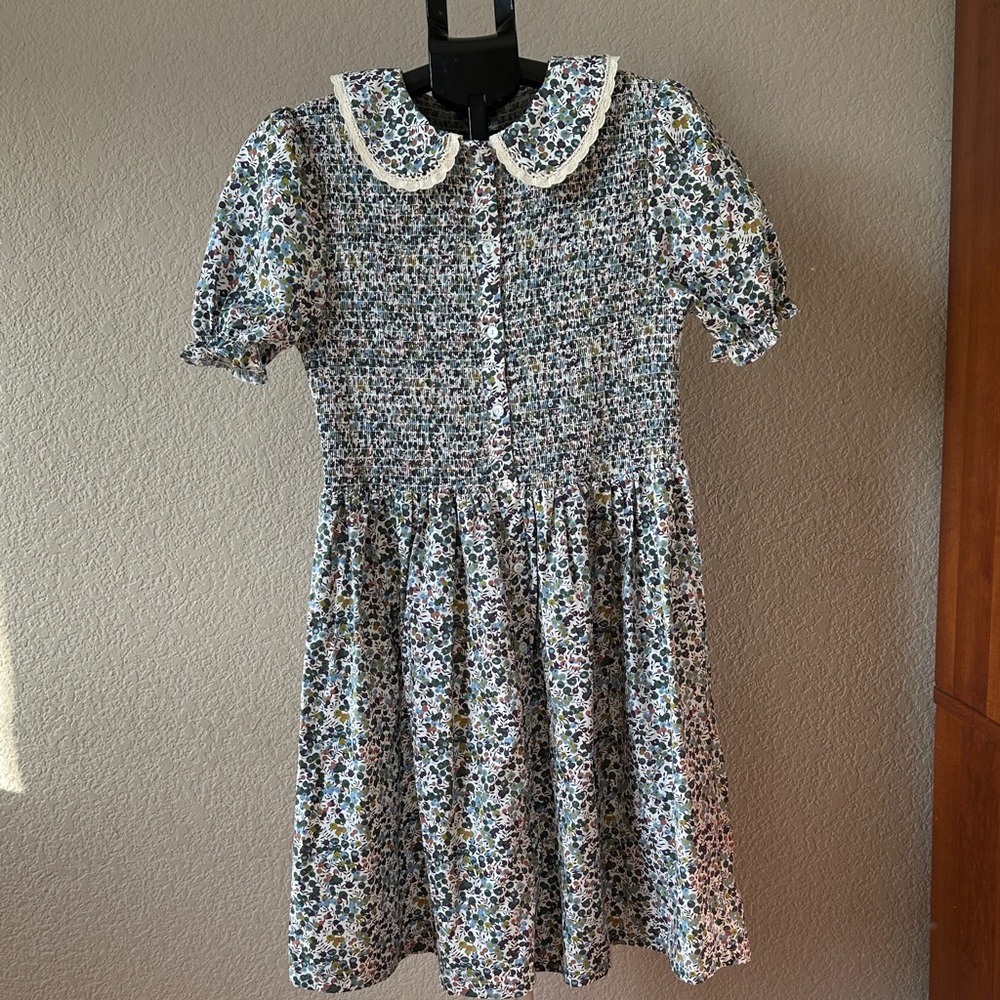 Smocked Floral Peter Pan Collar Women’s Dress - Blue Multi